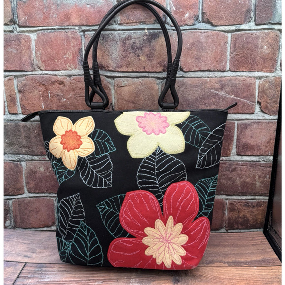 Floral Stitched Black Canvas Tote Handbag Talbots Zip Double Handle - Picture 1 of 12